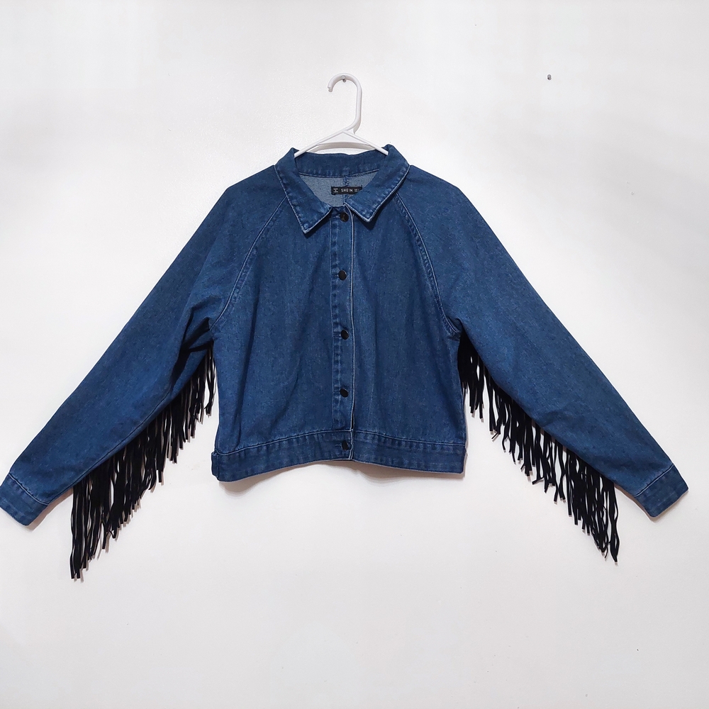 SHEIN Blue Jean Jacket with Black Fringe Western Rodeo Fun Festival - Picture 3 of 8